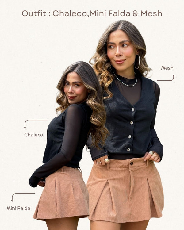 Set Chaleco,Mini Falda & Mesh Ref 5531 Negro, 068 Almendra & 0017 Negro