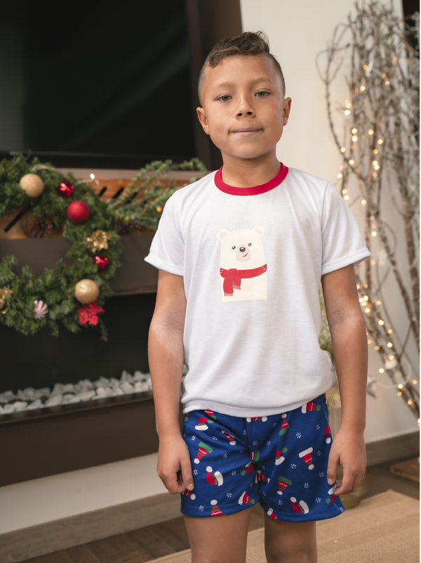 Pijama Pantaloneta Niño Navidad Ref 308 Blanco Oso